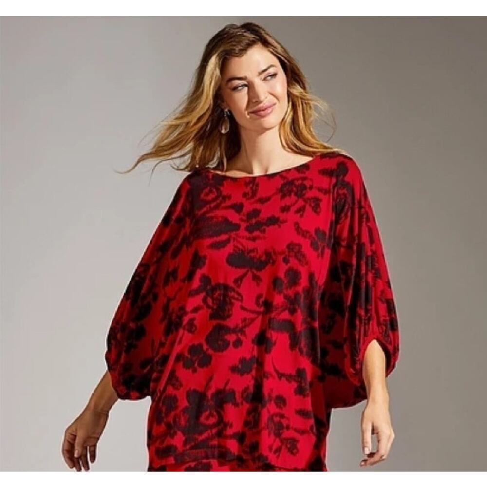 Bryn Walker Artsy Top Size XL Wilder Tunic Dragon Red Round Neck Dorman Oversize